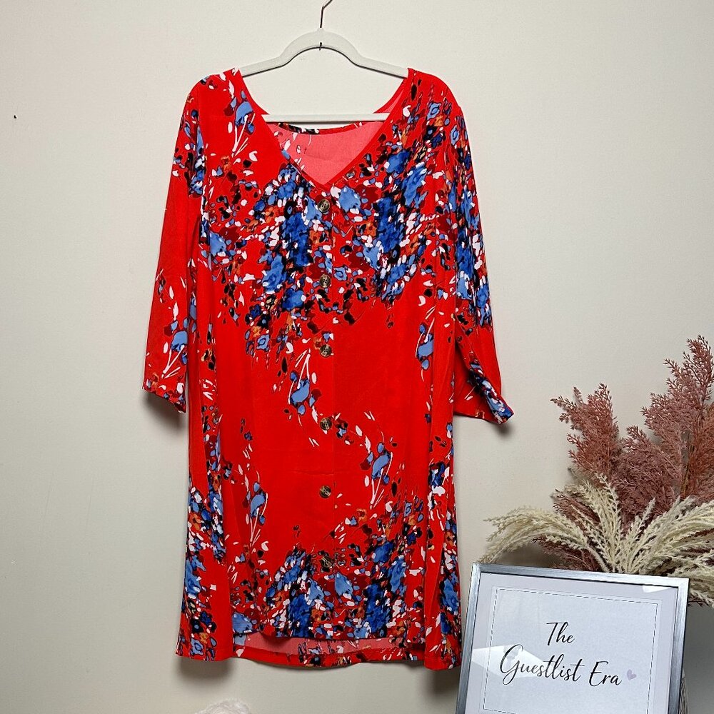AlvaQ Floral Summer V Neck Tunic Dress with Buttons